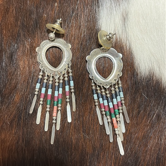 Zuni Sterling Silver 925 Multi Stone Open Concho Drop Earrings. - Picture 4 of 4